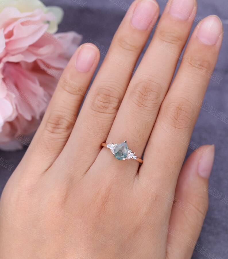 Unique Pear shaped Moss Agate Engagement Ring Vintage Rose gold Engagement Ring Marquise diamond Wedding Anniversary promise Gift for women image 5