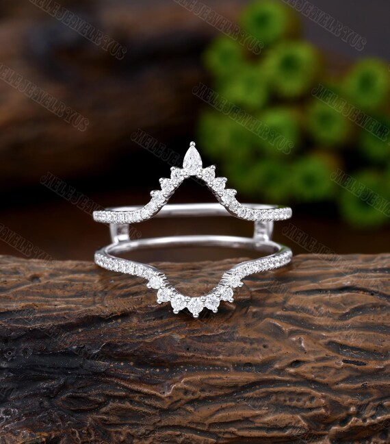 Milgrain moissanite double curved wedding band Vintage 10k/14k white gold diamond enhancer ring Unique bridal stacking matching Promise gift