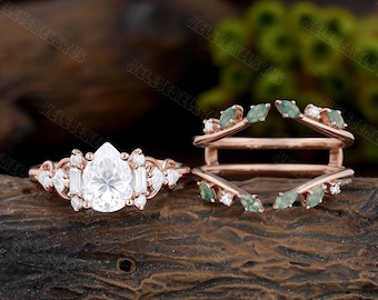 Anello di fidanzamento con moissanite a forma di pera da 6*8 mm, incastonato in oro rosa, anello di fidanzamento doppio unico, vintage, con agata muschiata, regalo di promessa per donne
