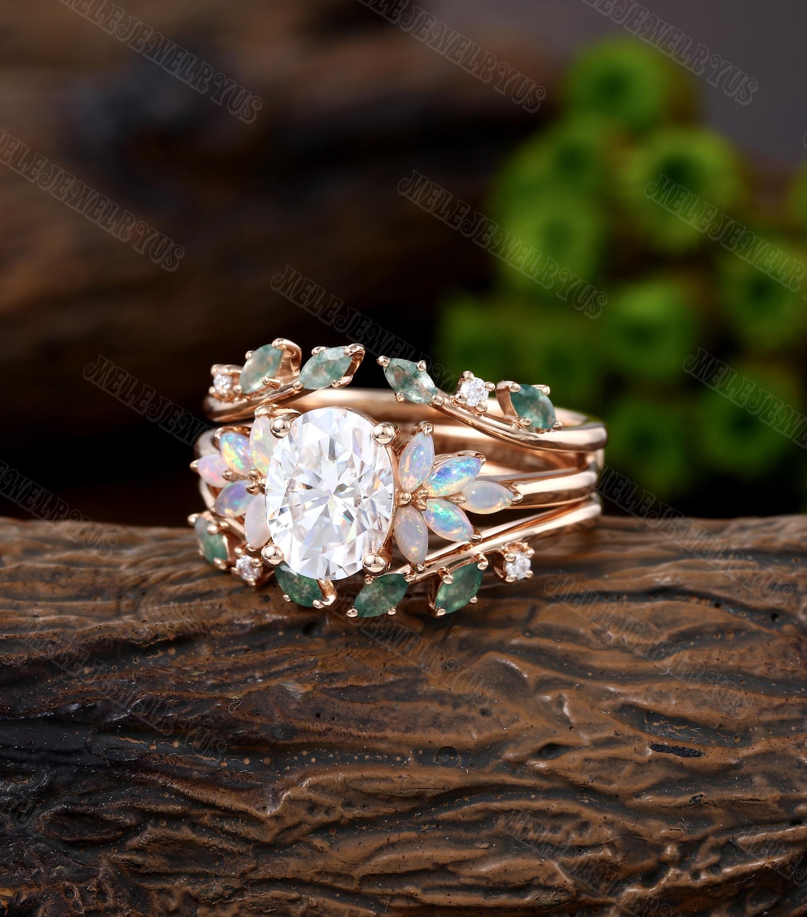 Oval Cut Moissanite Engagement Ring Set Vintage 10k/14k Rose Gold Opal ...