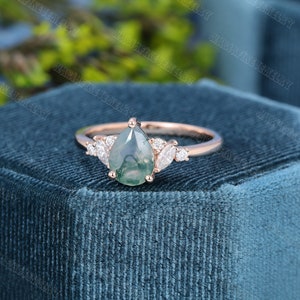 Unique Pear shaped Moss Agate Engagement Ring Vintage Rose gold Engagement Ring Marquise diamond Wedding Anniversary promise Gift for women image 2