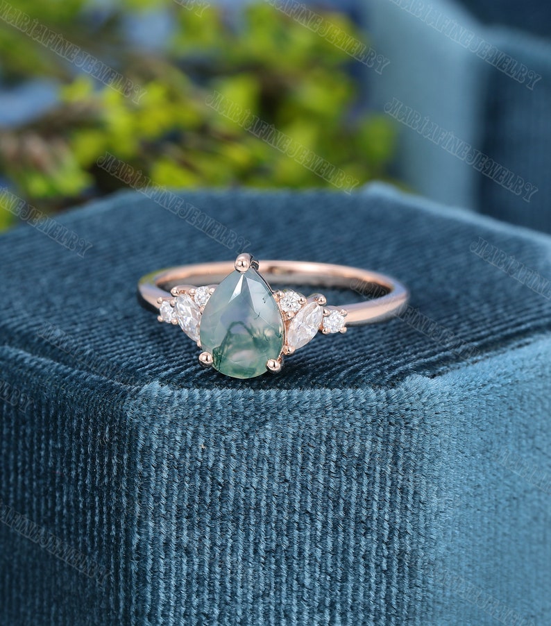 Unique Pear shaped Moss Agate Engagement Ring Vintage Rose gold Engagement Ring Marquise diamond Wedding Anniversary promise Gift for women image 2