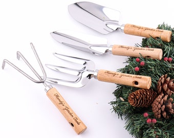 Ensemble d'outils de jardin personnalisé, 4 outils de jardinage en acier robuste avec manche en bois, cadeaux de jardinage pour femmes et hommes, cadeau de fête des pères