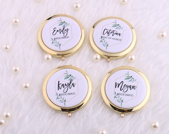 Ghirlanda personalizzata Specchio compatto Monogramma personalizzato Il tuo testo Logo Pieghevole Damigella d'onore Addio al nubilato Addio al nubilato Compleanno Ragazza dei fiori Foglia verde