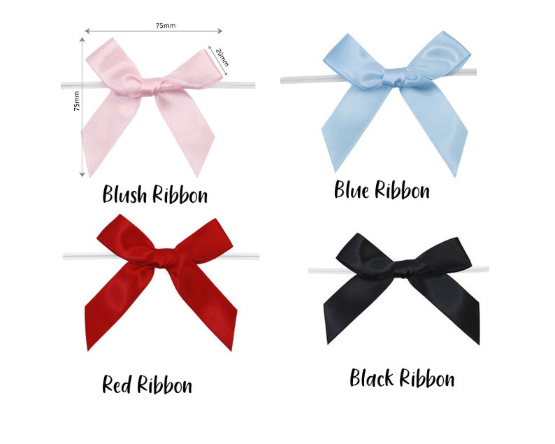 May include: Four satin ribbon bows in different colors: blush, blue, red, and black. Each bow is tied on a white string and measures 7.5 cm wide and 7.5 cm tall.