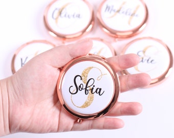 Personalized Gold Initial Compact Mirror Wife Anniversary Your Name Bridesmaid Bachelorette Rose Gold Pocket Makeup Birthday Sleepover Gift