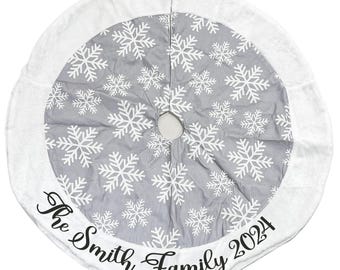 Personalized Christmas Tree Skirt Soft Plush Cozy Warm Red Silver Customized Family Name Holiday Gift Tree Cover Snowflake Holiday Decor 40"