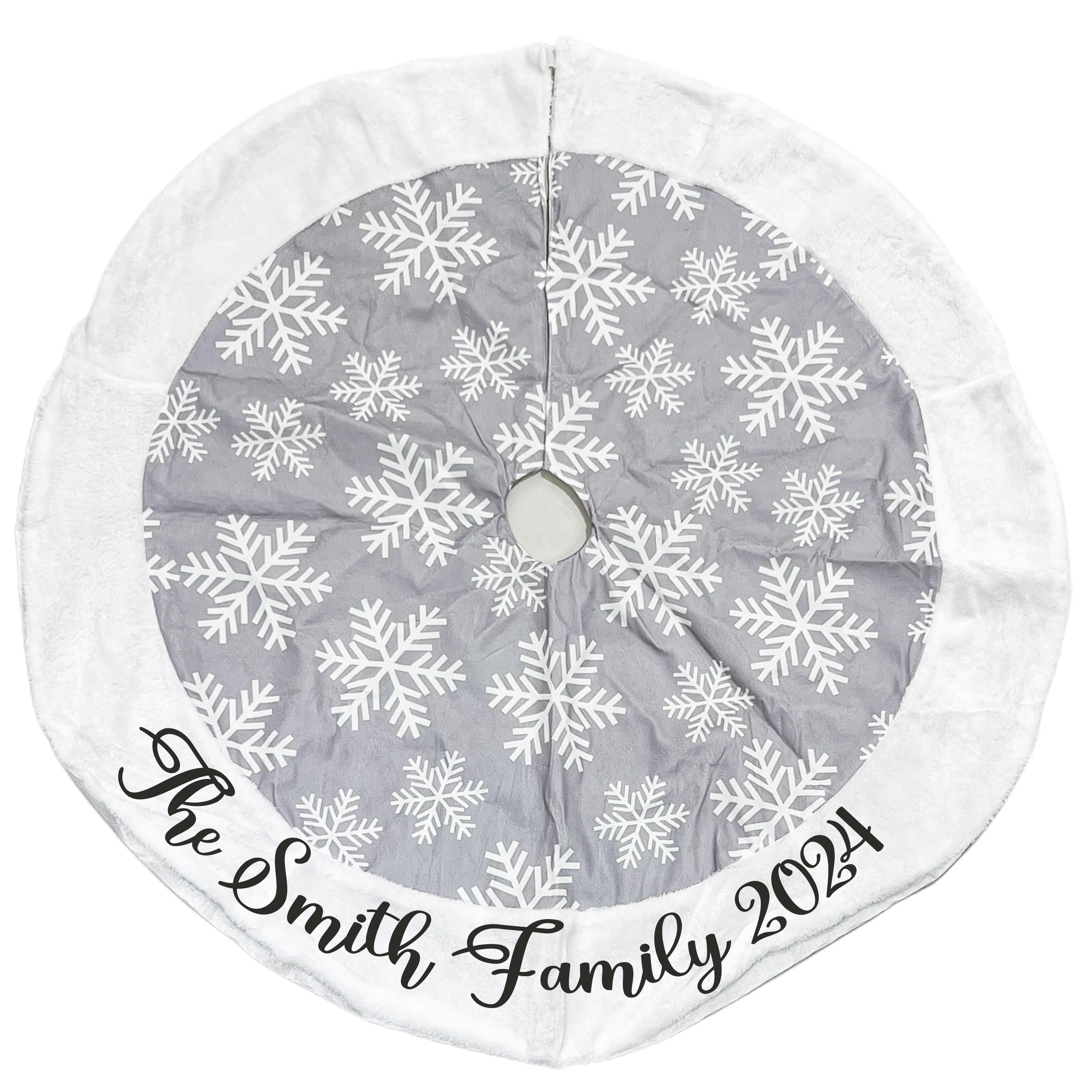 Personalized Christmas Tree Skirt Soft Plush Cozy Warm Red Silver Customized Family Name Holiday Gift Tree Cover Snowflake Holiday Decor 40"