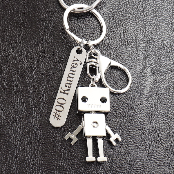 Personalized Robot Keychain Engraved Name Tag Son Daughter Backpack Gift Christmas Custom Keyring Funny 3D Stocking Stuffer Birthday Gift