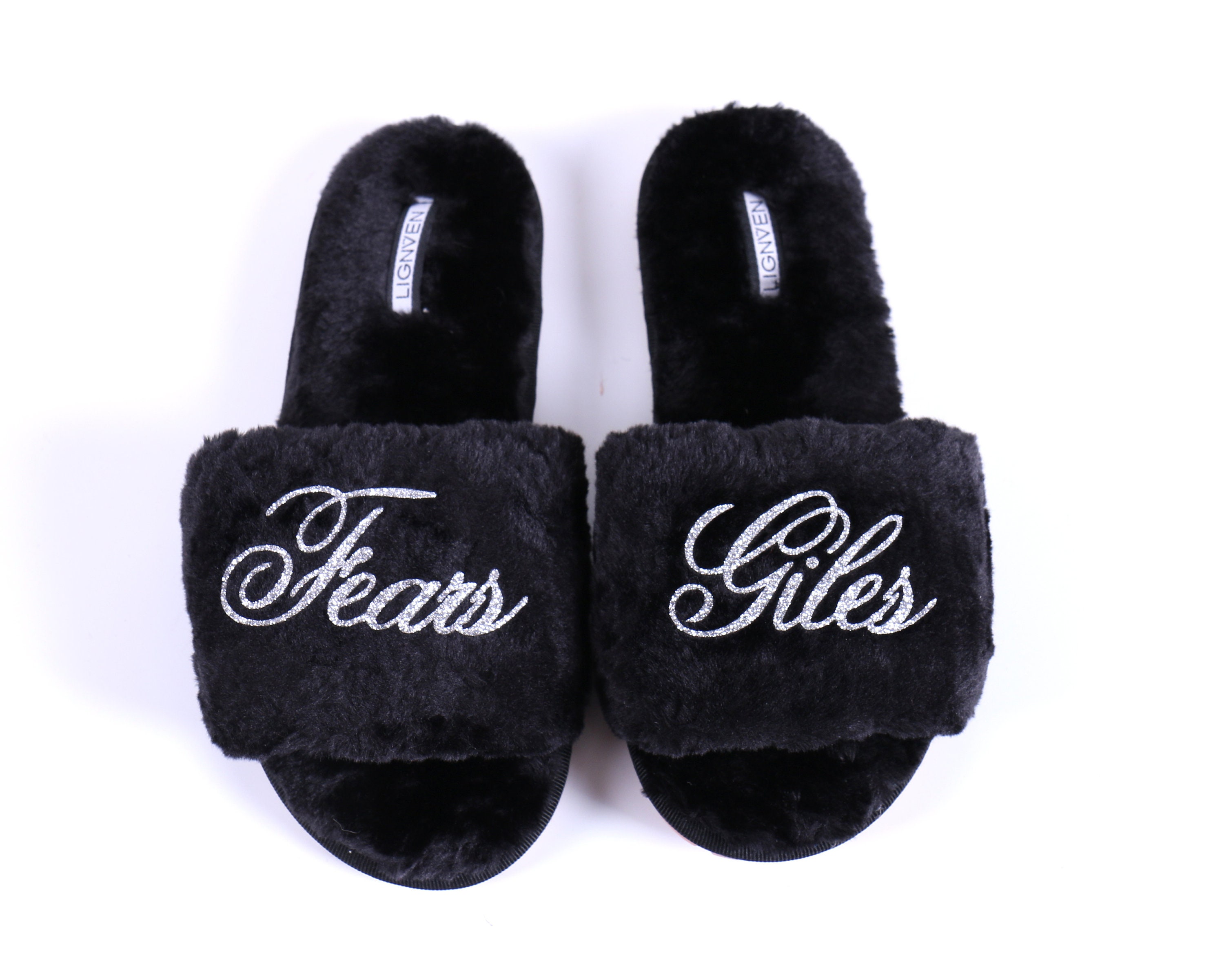 Personalized Home Fluffy Slipper Black Glitter Silver - Mother's Day…