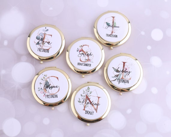 Personalisierter Taschenspiegel Klappbar Gold Silber Handspiegel mit Name mit 2X Vergrößerung Brautjungfern Blumenmädchen Geschenk Initialen