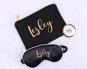 Personalized Bridesmaid Gift Set - Makeup Bag Sleep Mask Compact Mirror Black Gold Cosmetic Toiletry Pouch Bachelorette Wedding Party Favors