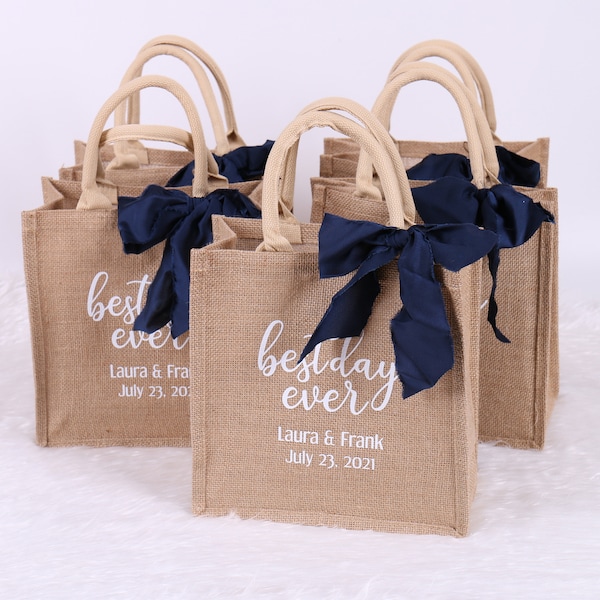 Fourre-tout personnalisé en toile de jute - sac de bienvenue pour mariage le plus beau jour de votre vie