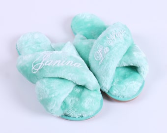 Personalized Plush Slipper - Mint Pink - Bridal Squad Your Custom Text Bachelorette Gift Foam Cozy Sleepover Girls Night Wedding Gift