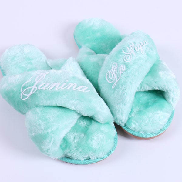 Personalized Plush Slipper - Mint Pink - Bridal Squad Your Custom Text Bachelorette Gift Foam Cozy Sleepover Girls Night Wedding Gift