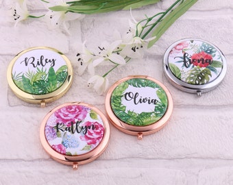 Personalized Tropical Style Compact Mirror Your Name Palm Leaves Summer Beach Bachelorette Party Gift Makeup Birthday Gift for Her