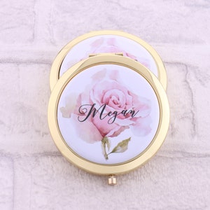 Personalized Compact Mirror Your Name Pink Watercolor Floral Bachelorette Hen Party Gift Bride Tribe Makeup Rose Flower Girl Bridesmaid Gift