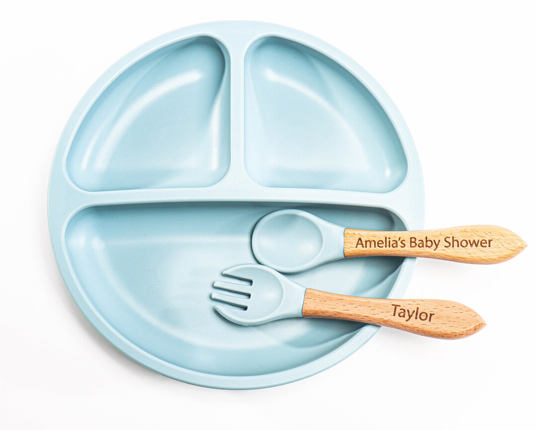 Engraved Kids Serving Utensil Baby Cutlery Silicone Plate Feeding Spoon