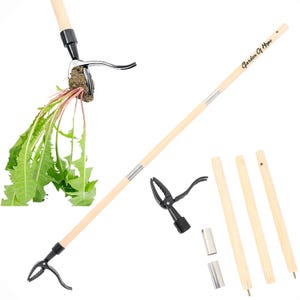 May include: A long-handled weed puller with a wooden pole and black metal claw. The tool is shown with a dandelion and the text "Garden Of Hope". Additional wooden pole sections and metal connectors are also visible.