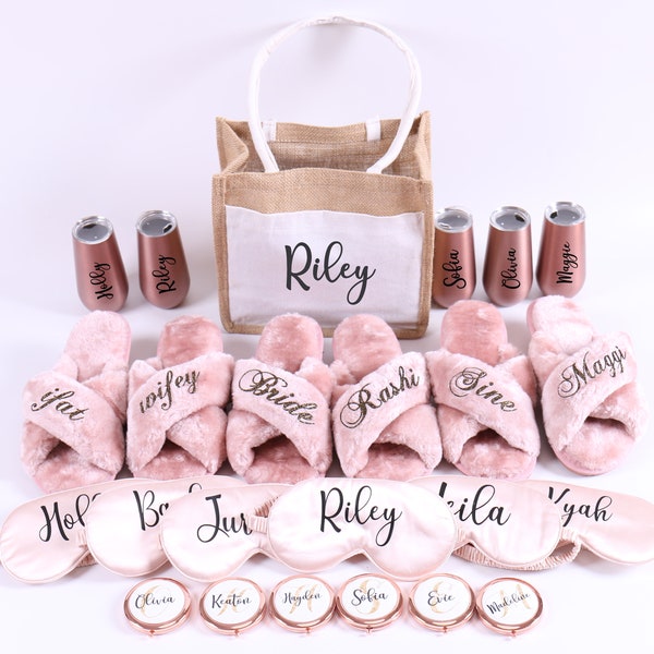 Cadeau personnalisé de fête pour enfants - Masque de sommeil ou miroir compact Tumbler Slipper Burlap Tote Bridesmaid Bachelorette Sleepover Birthday Favors