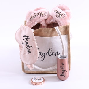 Personalized Sleepover Gift - Slipper Eye Mask Pocket Mirror Tumbler 6oz Burlap Tote Bridesmaid Hen Bachelorette Mum Birthday Party Favors image 7