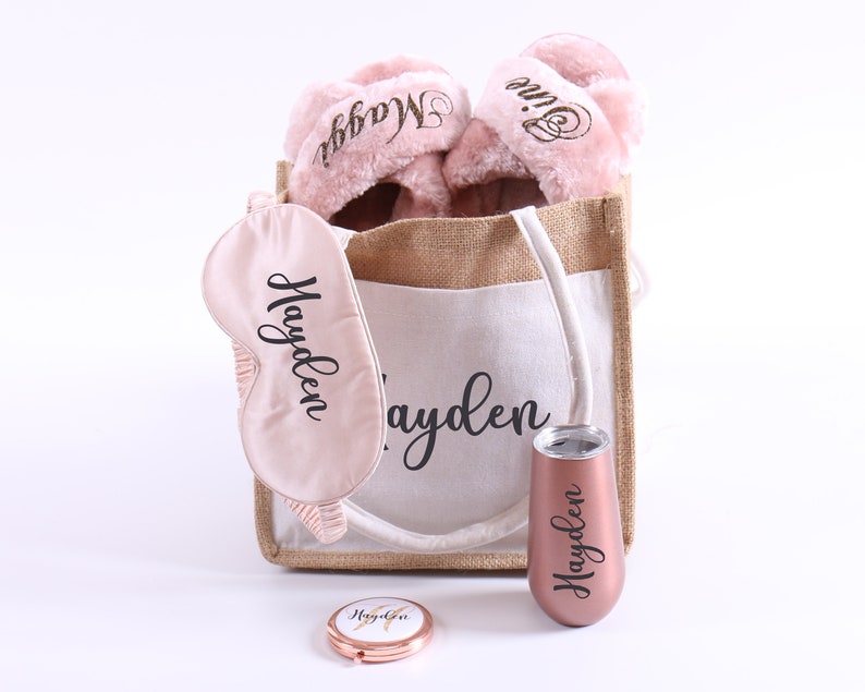 Personalized Sleepover Gift - Slipper Eye Mask Pocket Mirror Tumbler 6oz Burlap Tote Bridesmaid Hen Bachelorette Mum Birthday Party Favors image 7