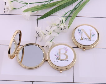 Personalized Gold Alphabet and Name Compact Mirror Initial Floral Monogram Bridesmaid Bachelorette Makeup Pocket Mirror Retirement Gift