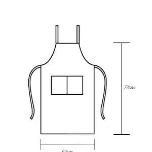 May include: A black and white line drawing of an apron with two pockets. The apron is 62 inches wide and 73 inches tall.