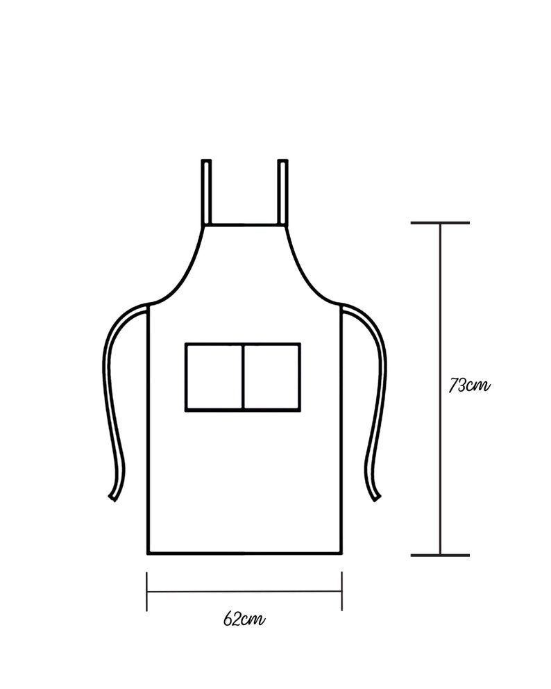 May include: A black and white line drawing of an apron with two pockets. The apron is 62 inches wide and 73 inches tall.