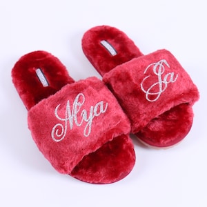 Personalized Cozy Slipper - Red Pink Black - Your Name Monogram Fluffy Bridesmaid Bachelorette Birthday Sleepover Bridal Shower Wedding Gift