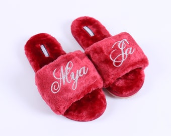 Personalized Cozy Slipper - Red Pink Black - Your Name Monogram Fluffy Bridesmaid Bachelorette Birthday Sleepover Bridal Shower Wedding Gift