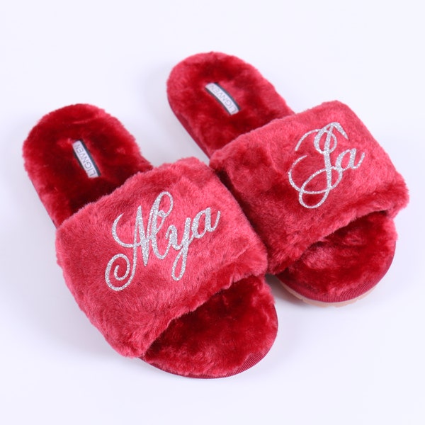 Personalized Cozy Slipper - Red Pink Black - Your Name Monogram Fluffy Bridesmaid Bachelorette Birthday Sleepover Bridal Shower Wedding Gift