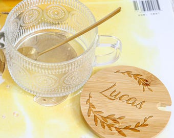 Personalized Glass Cereal Bowl with Lid Spoon, Engraved Name Bridesmaid Gift Gelato Coffee Cup Glass Wood Kids Ice Cream Dessert Bowl Salad