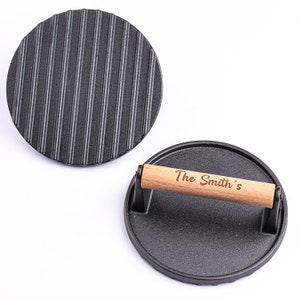 Personalized Burger Press for Blackstone Griddle, Heavy Duty Cast Iron Smash Meat Steak Sandwich Bacon Grill Press with Wood Handle Barbecue