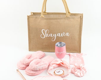 Customized Bridesmaid Gift Set - 9 Items Slipper Satin Scrunchie Hairtie Eye Mask Mirror Tumbler Bachelorette Sleepover Party Wedding Favor