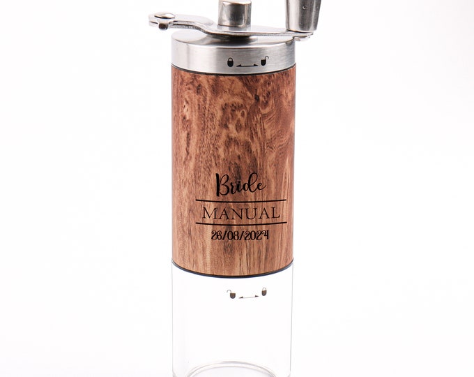 Personalized Gift for Coffee Lovers, Custom Engraved Grinder Manual Wooden Bean Mill for Espresso Glass Camp Kitchen Utensil Bride Shower