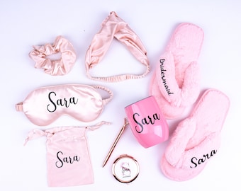 Personalized Bridesmaid Gift Set - 8 Items Satin Scrunchie Hairtie Sleep Mask Compact Mirror Hen Bachelorette Sleepover Party Wedding Favor