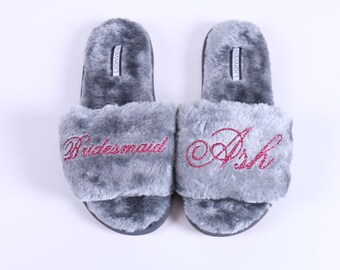 Customized Grey Cozy Slipper Black Glitter Silver - Mother's Day Gift Hen Party Birthday Sleepover Bridesmaid Shower Wedding Girls Night SPA