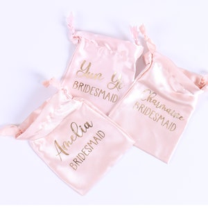 Customized Satin Drawstring Bag - Bridesmaid Gift Bag Soft Bachelorette Birthday Sleepover Bridal Shower Party Wedding Favor Jewelry Pouch
