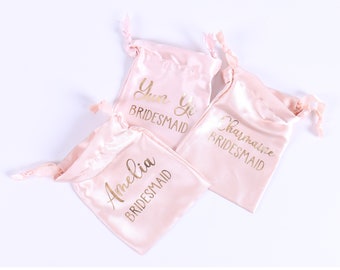 Customized Satin Drawstring Bag - Bridesmaid Gift Bag Soft Bachelorette Birthday Sleepover Bridal Shower Party Wedding Favor Jewelry Pouch