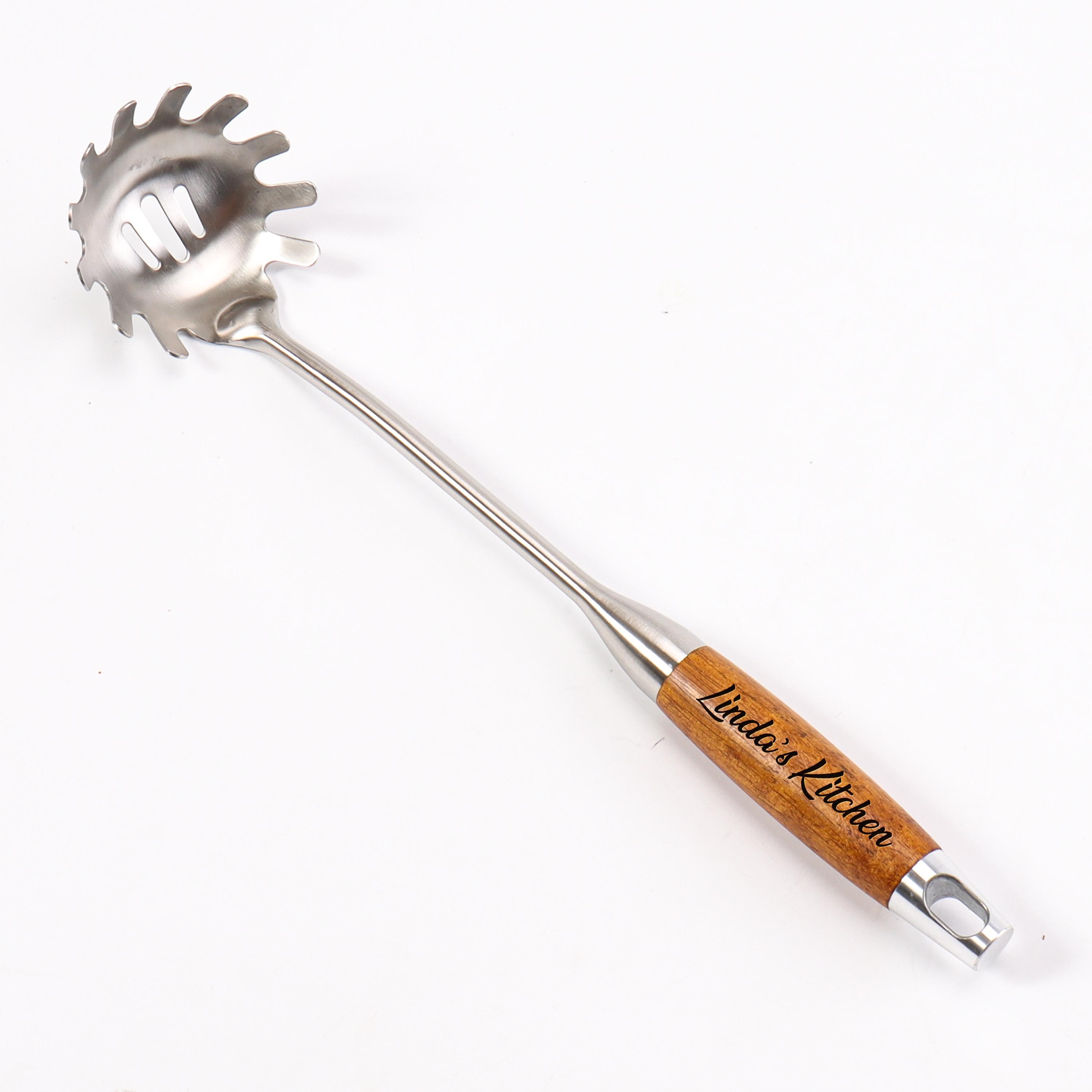 Personalized Pasta Server Stainless Steel Housewarming Gift with Wooden Engraved Logo Party Favor Kitchen Skimmer Ladle Turner Slotted Spoon