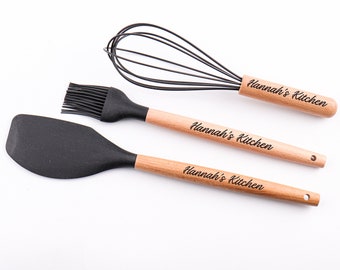 Personalized Set of 3 Baking Tool Whisk Basting Pastry Brush Spatula Egg Beater BBQ Grill Cooking  Silicone Anniversary Housewarming Gift