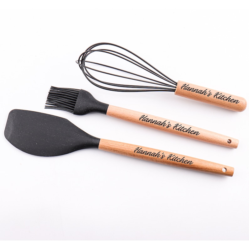 Personalized Set of 3 Baking Tool Whisk Basting Pastry Brush Spatula Egg Beater BBQ Grill Cooking Silicone Anniversary Housewarming Gift