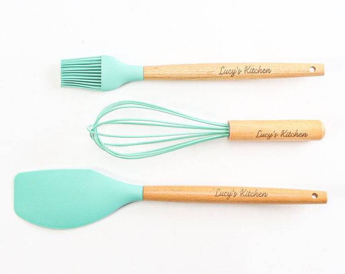 Personalized Set of 3 Baking Tool Whisk Brush Spatula - Mint Purple Multiple Colors -  Egg Beater Cooking Chef Housewarming Baby Shower Gift