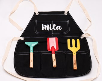 Personalized Kids Garden Apron and Tools Set Customized Name with Pockets Birthday Gift Fork Spade Trowel Kitchen Outdoor Planting