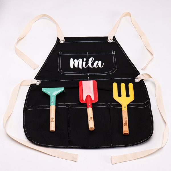 Ensemble personnalisé de tablier et d'outils de jardin pour enfants, nom personnalisé avec poches, cadeau d'anniversaire, fourchette, truelle, cuisine, plantation extérieure