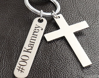 Personalized Cross Keychain Monogram Engraved Name Your Text Baptism Son Daughter Christmas Gift Custom Tag Fob KeyRing Baby Shower Gift