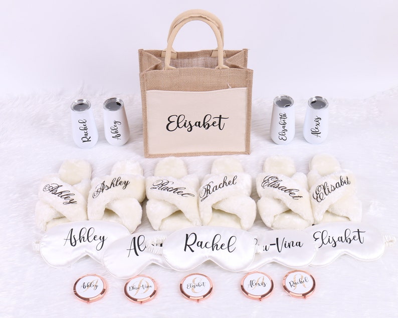 Personalized Sleepover Gift - Slipper Eye Mask Pocket Mirror Tumbler 6oz Burlap Tote Bridesmaid Hen Bachelorette Mum Birthday Party Favors image 1
