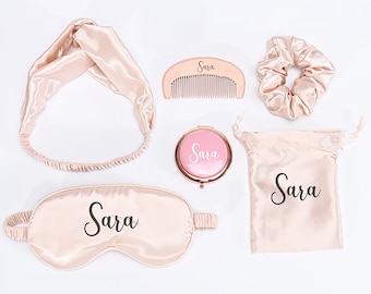 Personalized Bridesmaid Set 6 Gifts Spa Sleepover Party Wood Comb Mirror Scrunchie Hairband Tie Sleep Mask Hen Bachelorette Wedding Favor