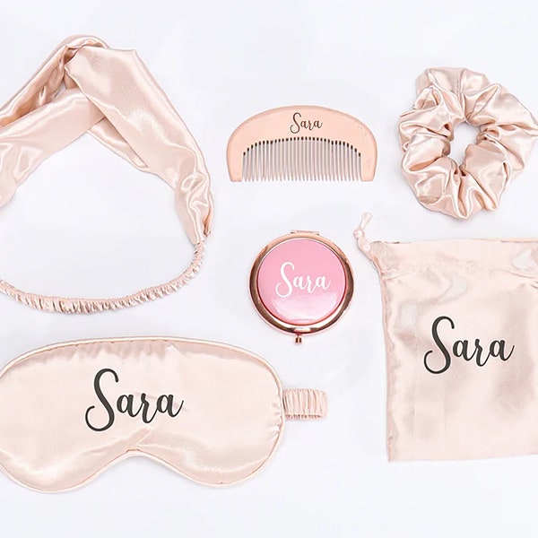 Personalized Bridesmaid Set 6 Gifts Spa Sleepover Party Wood Comb Mirror Scrunchie Hairband Tie Sleep Mask Hen Bachelorette Wedding Favor